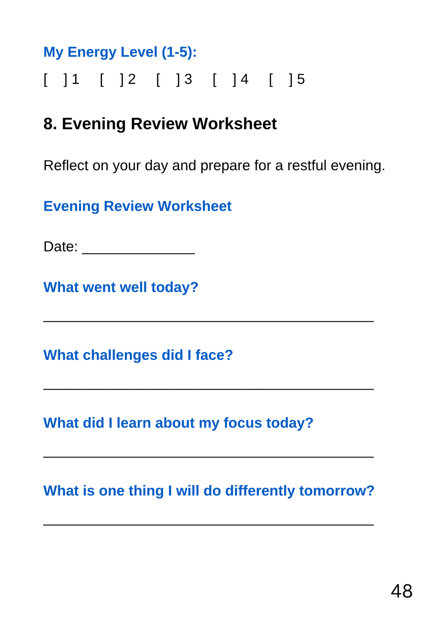 Evening Review Worksheet